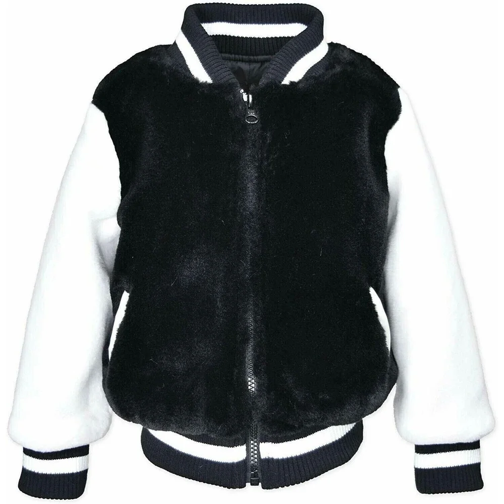 American‎ Widgeon Kids Faux Fur Varsity Bomber Jacket Black White Size 4